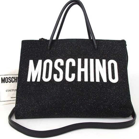 Authentic MOSCHINO Logo 2WAY lame Handbag Glitter Leather [Used]